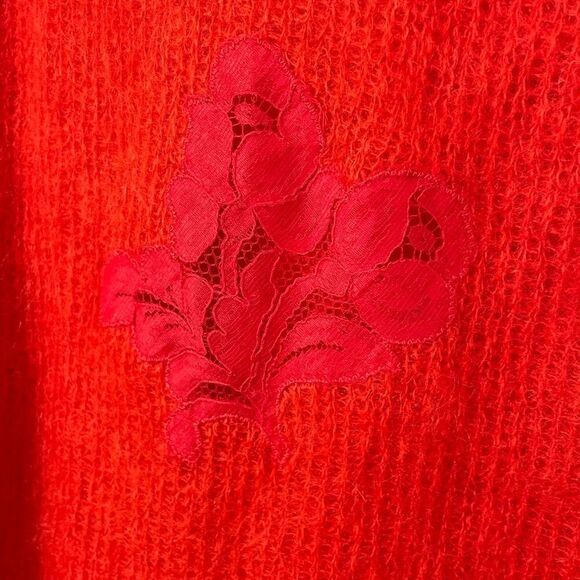 Vintage Red Italian Mohair and Wool Fuzzy Pullover Sweater With Lace Sleeves - Picture 3 of 15